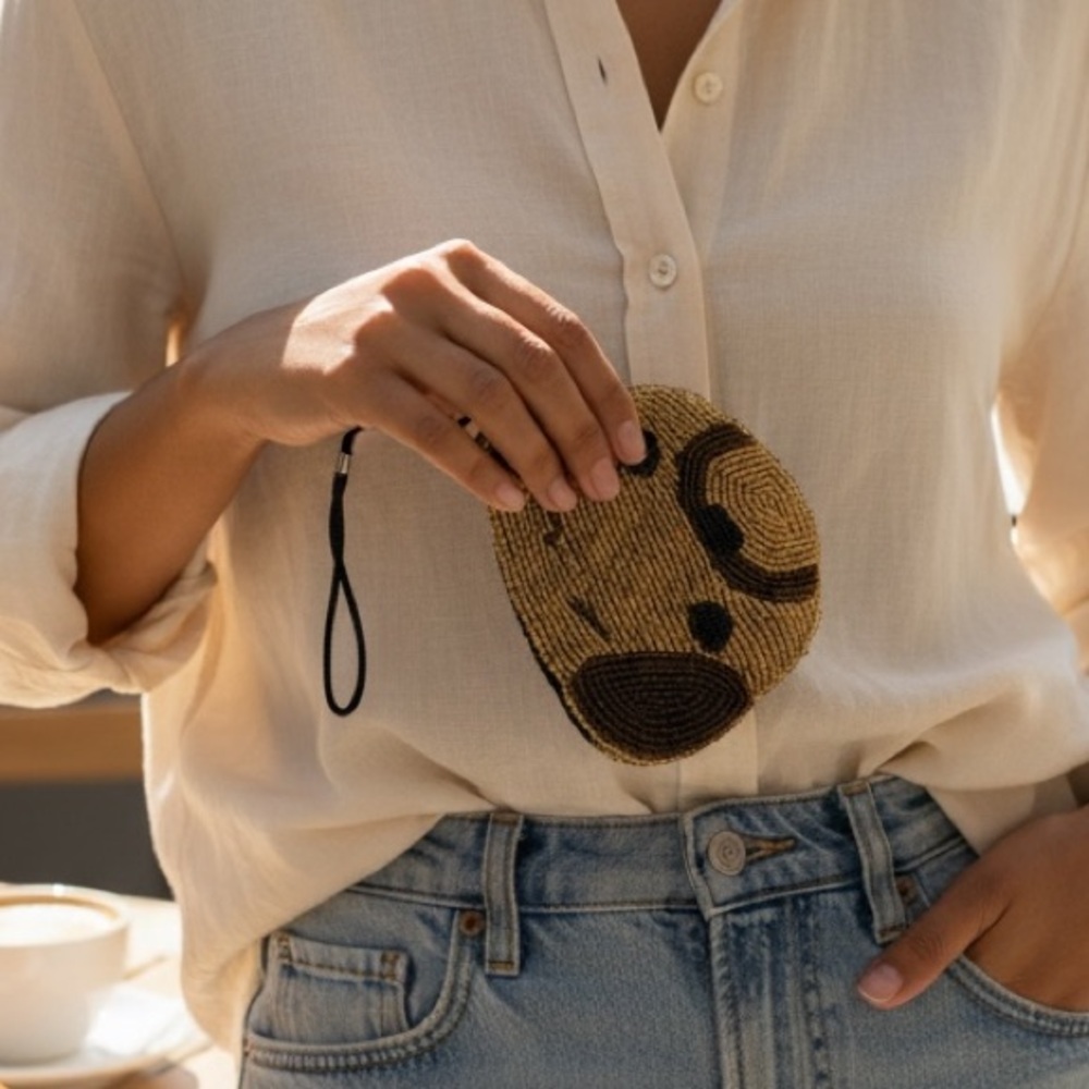 Vintage bear face coin purse - HAND BEADED